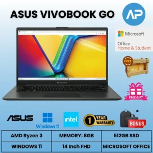 ASUS Vivobook Go (Ryzen 3-7320U, 8GB, 512GB SSD, Win 11 + OHS, 14 Inch, Mixed Black) Laptop – E1404FA-FHD351